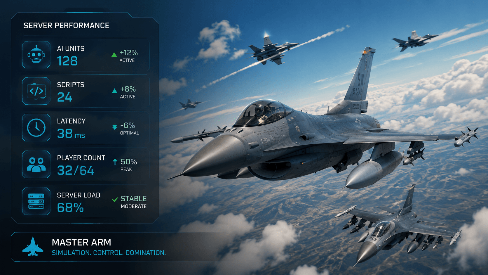 DCS multiplayer mission with fighter aircraft, AI units, server performance and latency indicators